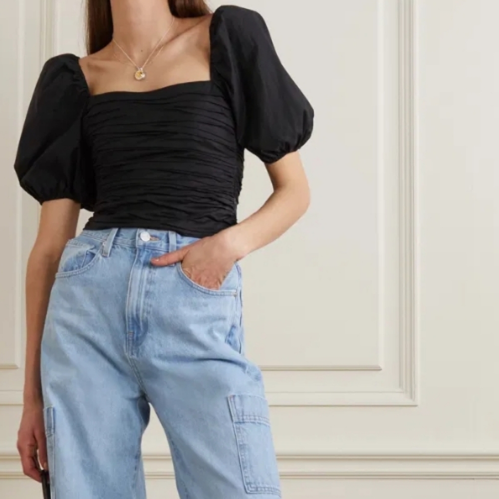 Reformation Barry Square Neck Ruched Puff Sleeve Blouse Organic Cotton Black